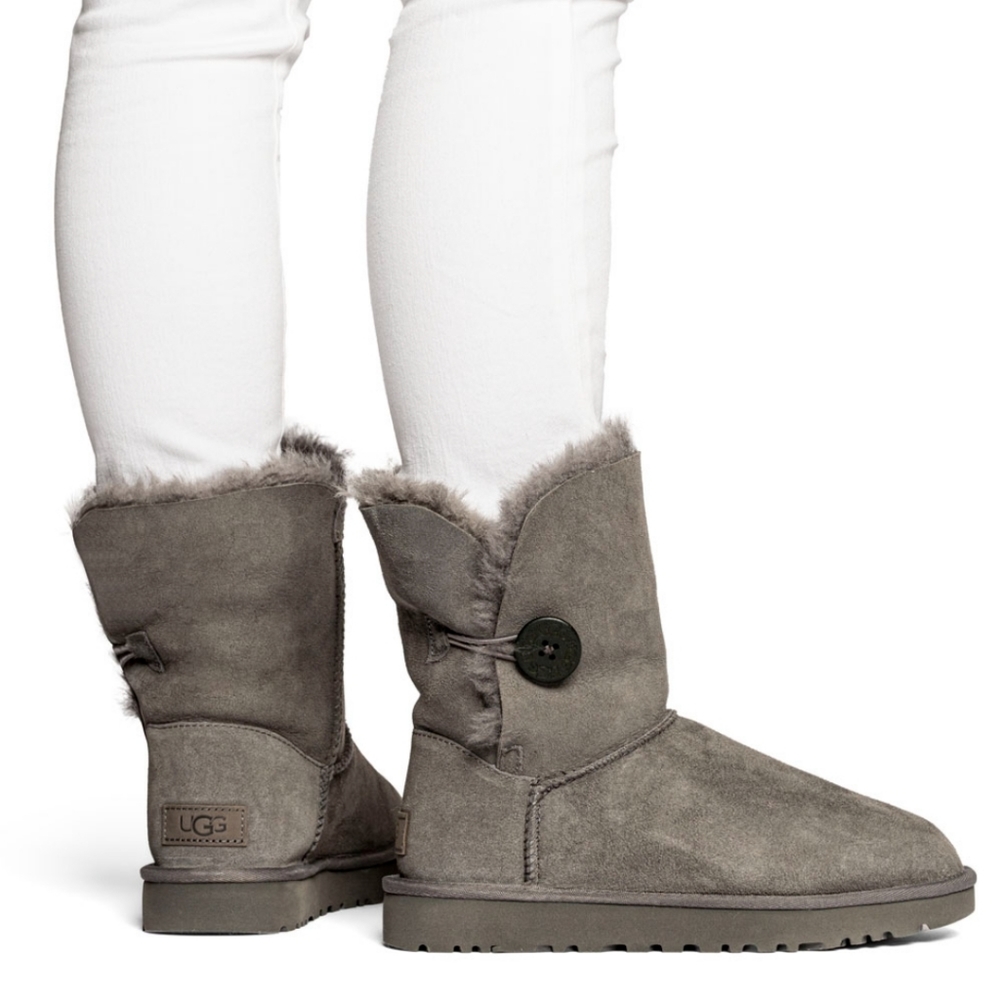 UGG Grey Suede Button-Accent Shearling Winter Boots